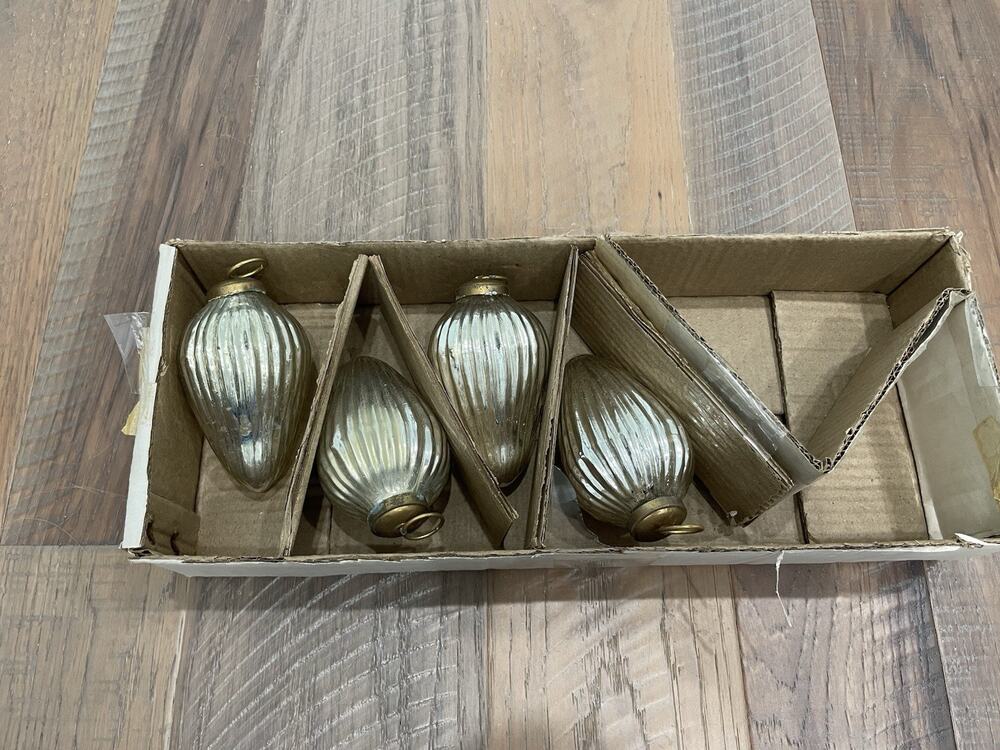 Silver Ribbed Large Kugel Style Drop Mercury Glass Christmas Ornaments Set 6